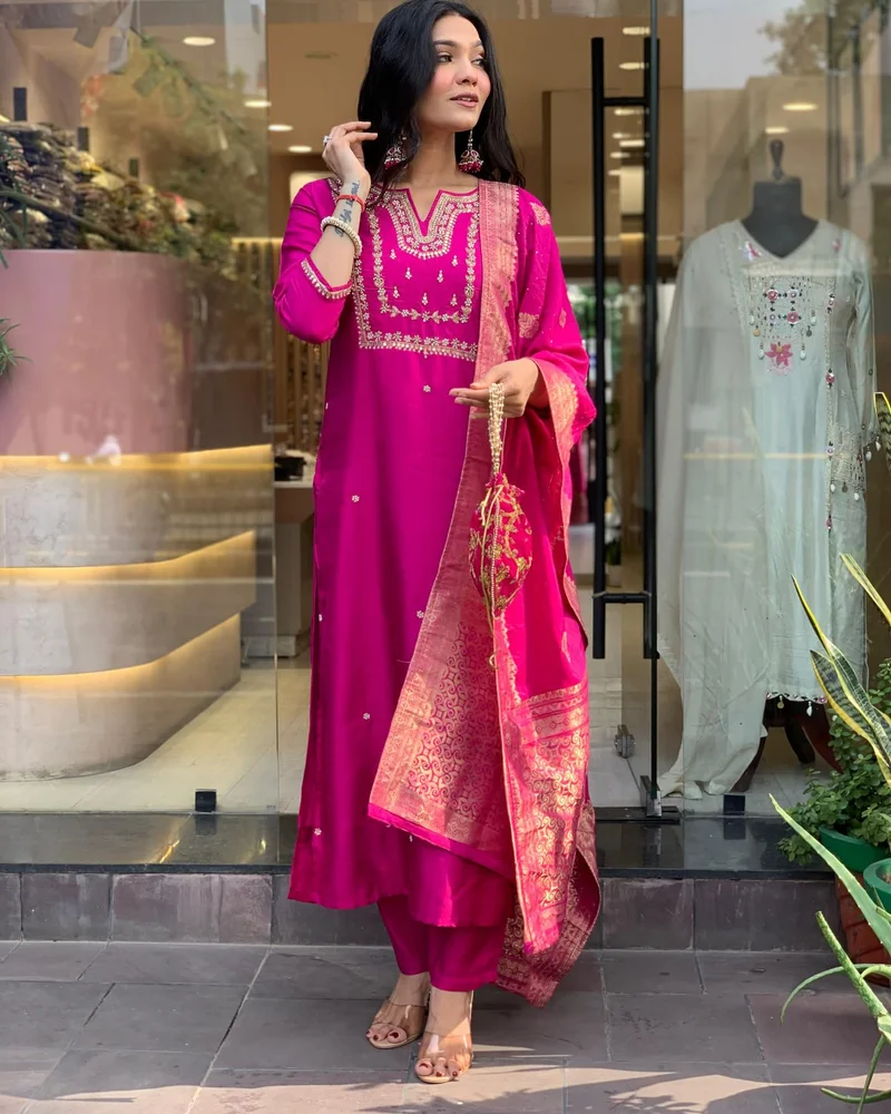 GoSriKi Pink GoSriKi Women's Silk Blend Straight Embroidered Kurta with Pant & Dupatta (Kosapet Pink-GS_M_Pink_Medium) for Women | Best Price UAE